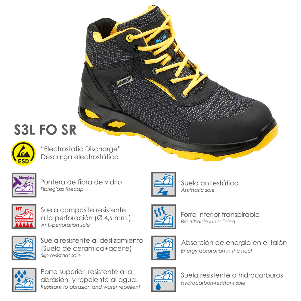 Botas Seguridad Maurer S3 Modelo Amerina Antideslizante con Suela Resistente a los Hidrocarburos. Talla 38.
