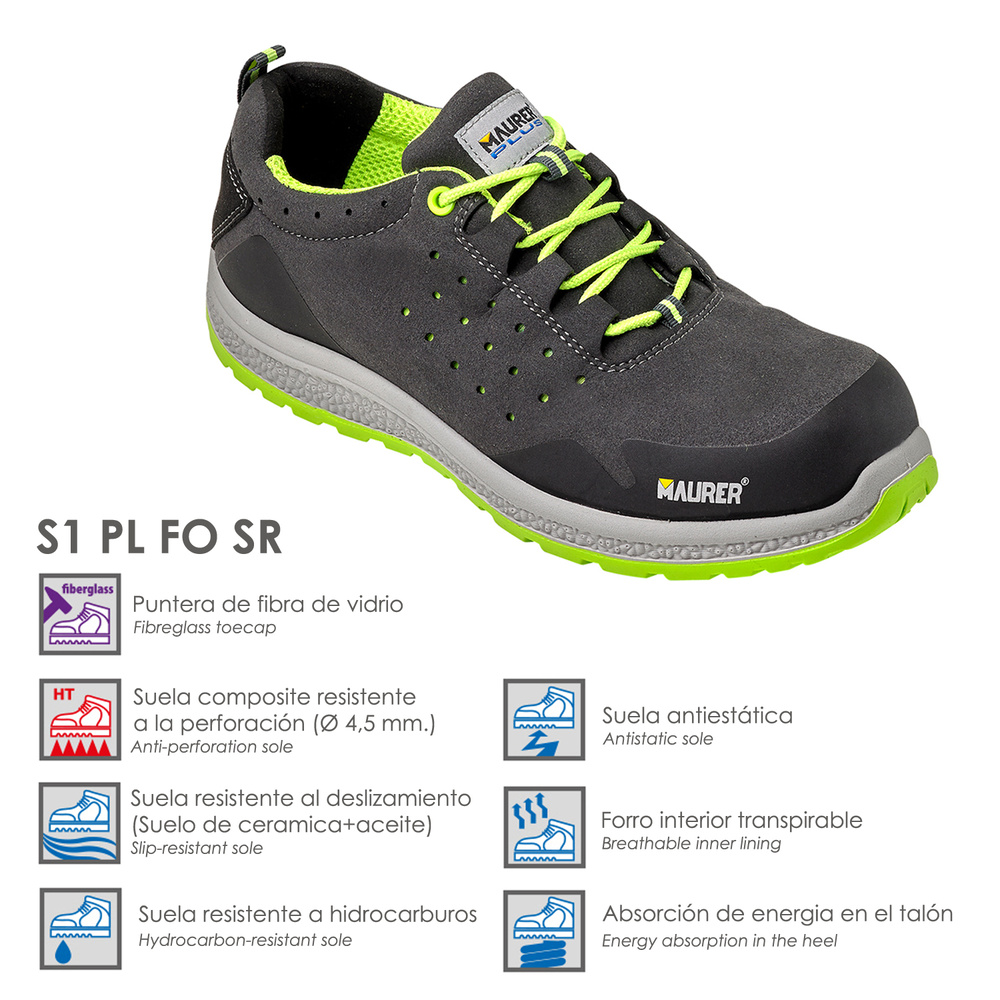 Deportiva Seguridad Maurer S1 Modelo Resia Antideslizante con Suela Resistente a los Hidrocarburos Talla 38.