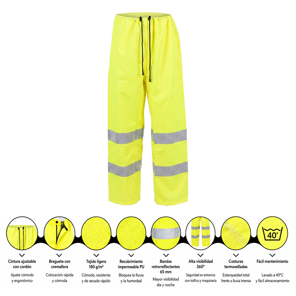 Pantalon Alta Visibilidad Lluvia Talla S. 100% Impermeable Certificación EN 343 - Clase 4;1;X / EN ISO 20471 - Clase 2