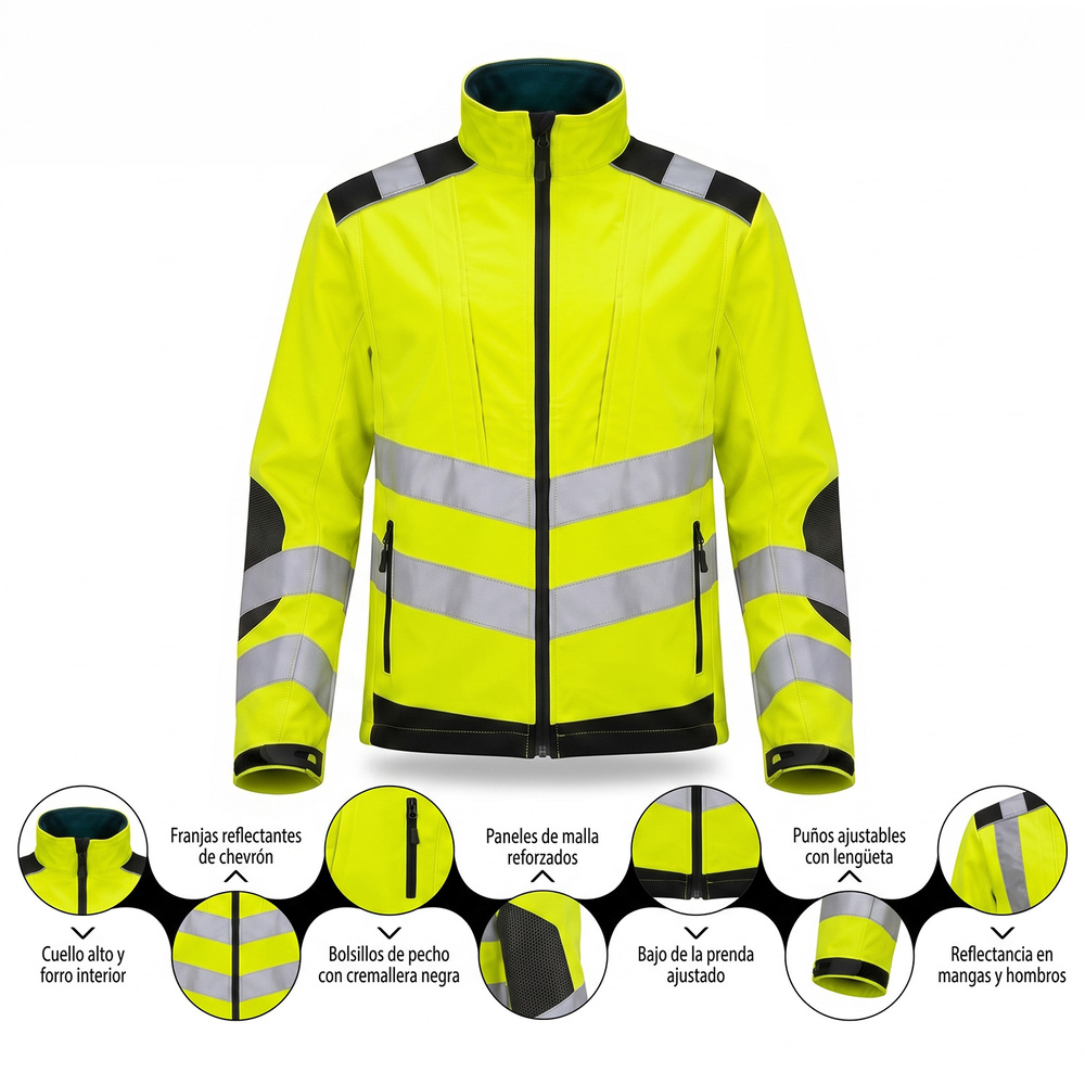 Chaqueta Alta Visibilidad Softshell Talla S. Certificación EN ISO 20471:2013+A1:2016 (Clase 2) y EN ISO 13688:2013/A1:2021