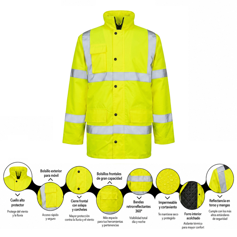 Parka Alta Visibilidad Lluvia Talla S. 100% Impermeable Certificación EN 343 - Clase 4;1;X / EN ISO 20471 - Clase 2