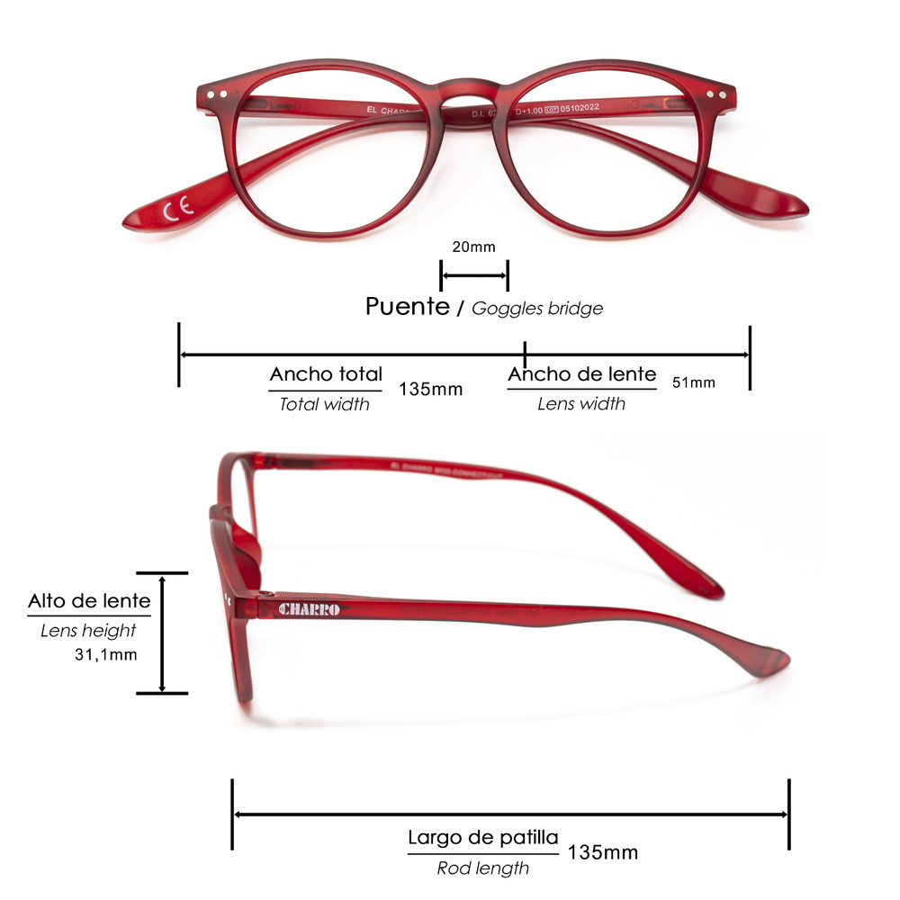 Gafas Lectura Connecticut Color Rojo Aumento +2,0 Patillas Para Colgar del Cuello