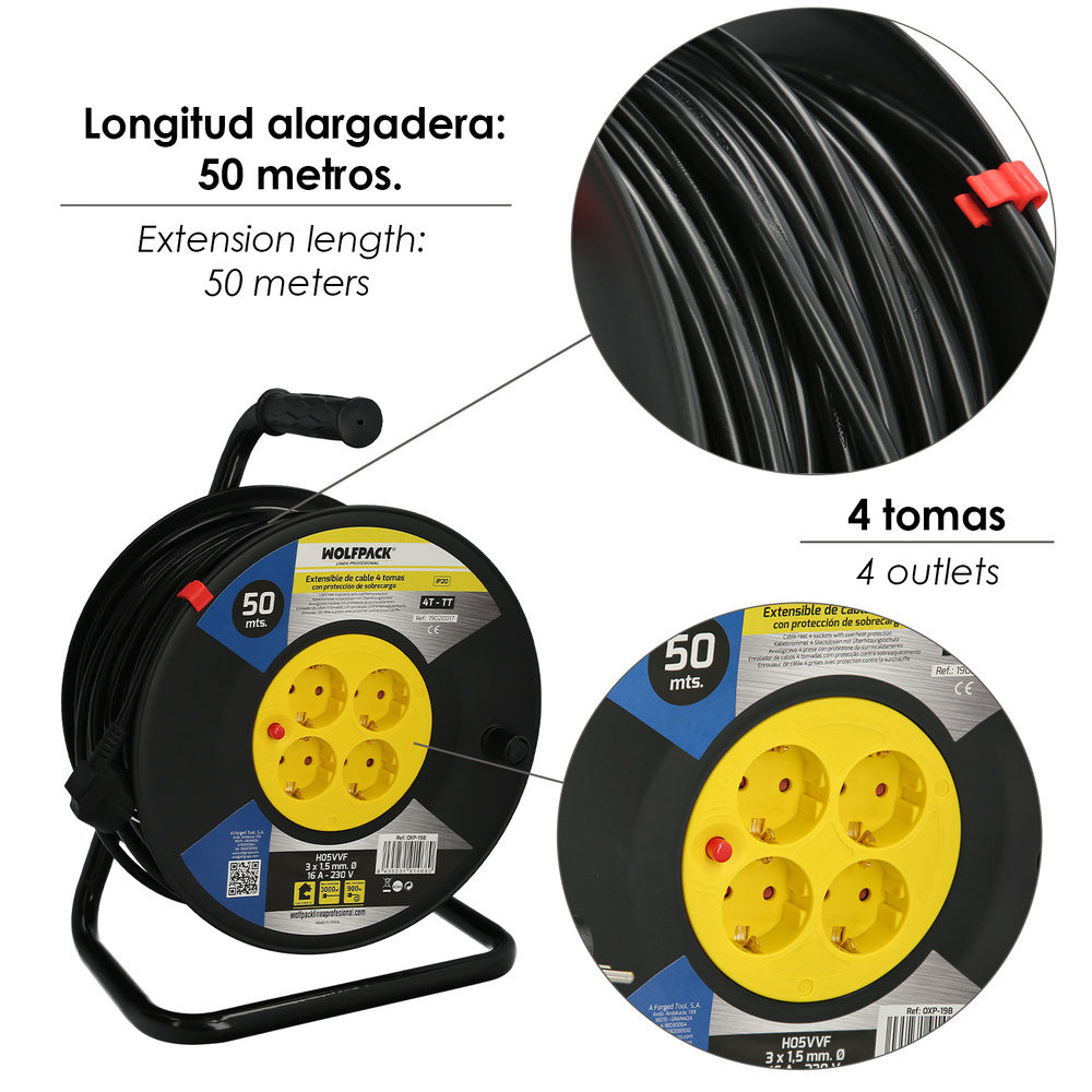 Extensible Industrial 4 Tomas 50 Metros 3 x 1,5 mm. con Protección Sobrecarga