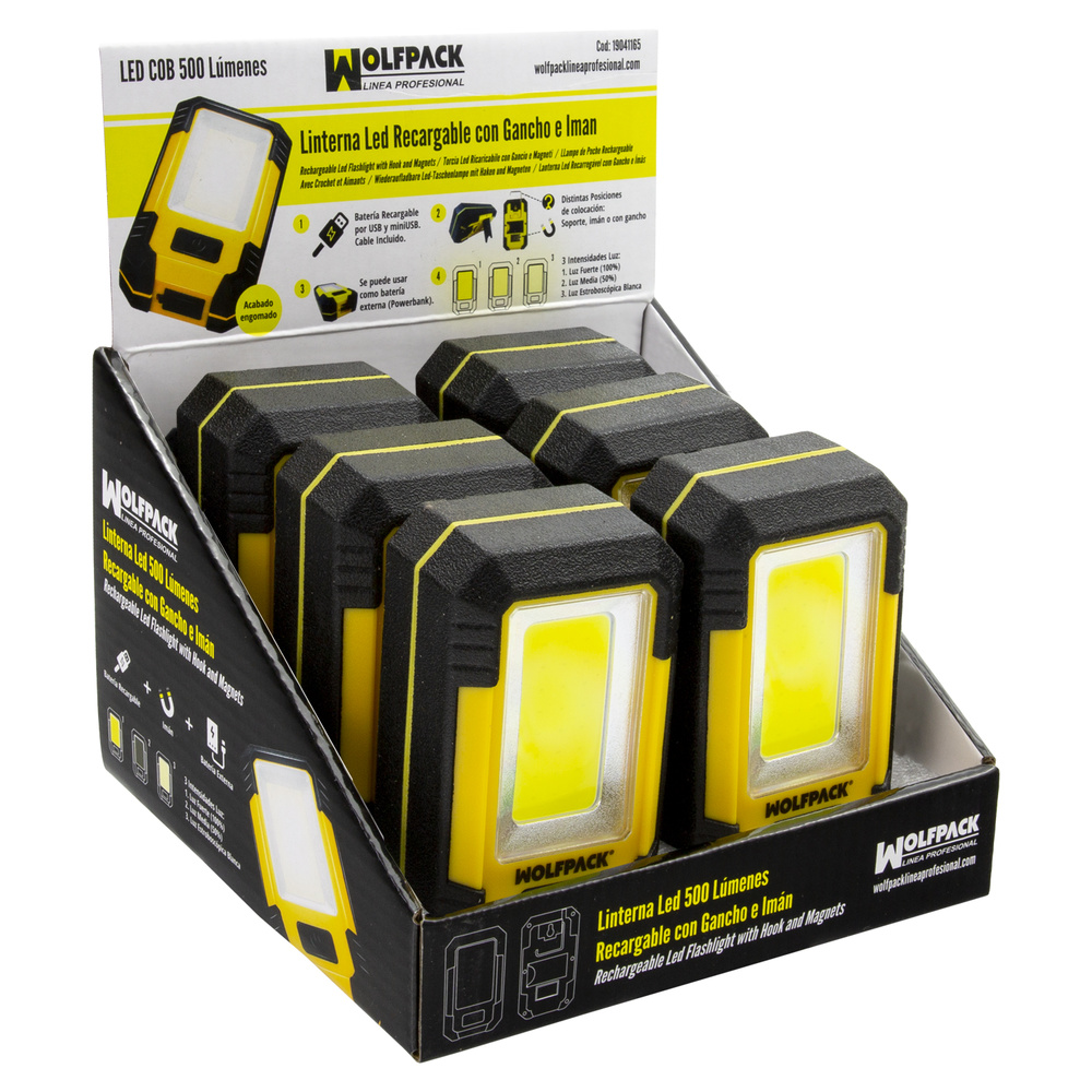 ▷🥇 distribuidor linterna led profesional compacta engomada bateria  recargable 500 lumenes con función powerbank, iman, soporte y gancho