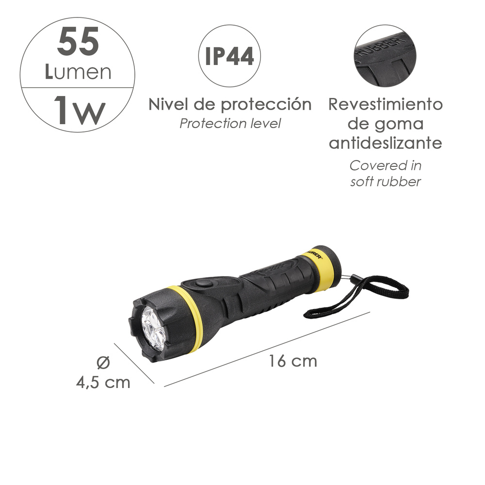 Linterna Led Con Goma Antideslizante Protección Ip44. 55 Lumen 2 Baterias AA (No Incluidas)