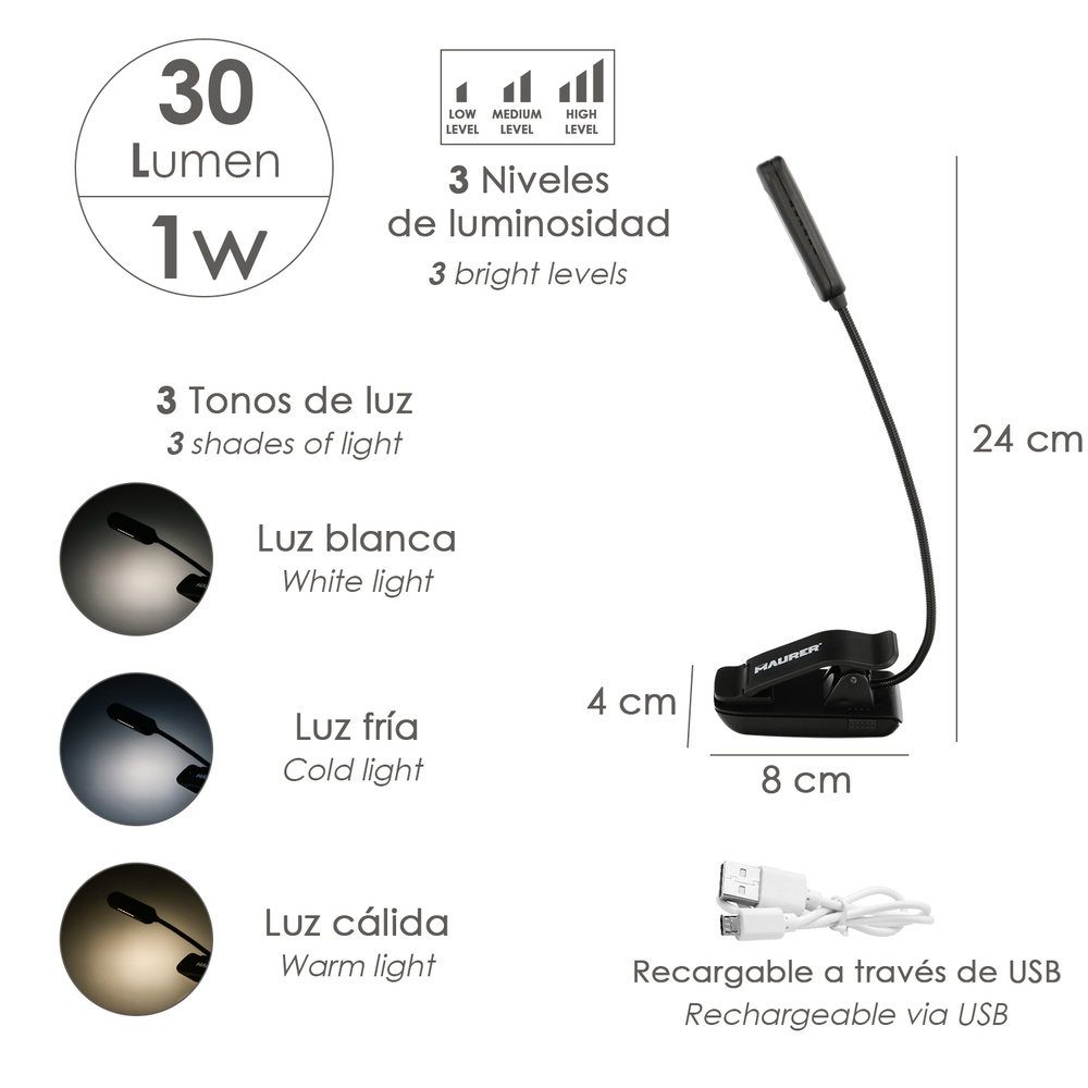Linterna LED De Mesa / Lectura  Bateria Recargable (1.000 mAh) 30 Lumenes Con Clip, 3 Tonos De Luz y 3 Niveles De Luminosidad 