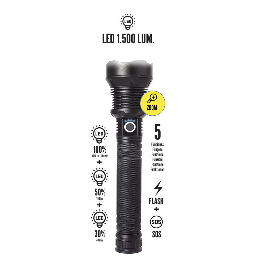 Linterna Led Aluminio Recargable 1500 Lumenes