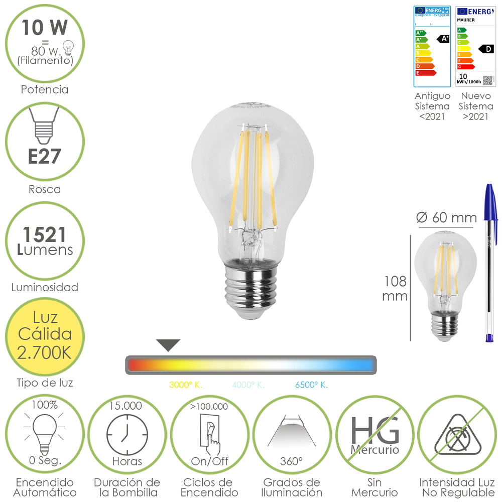 ▷🥇 distribuidor bombilla led filamento standar rosca e27 10 watt equivale  a 80 watt 1521 lumenes luz calida 2700º k