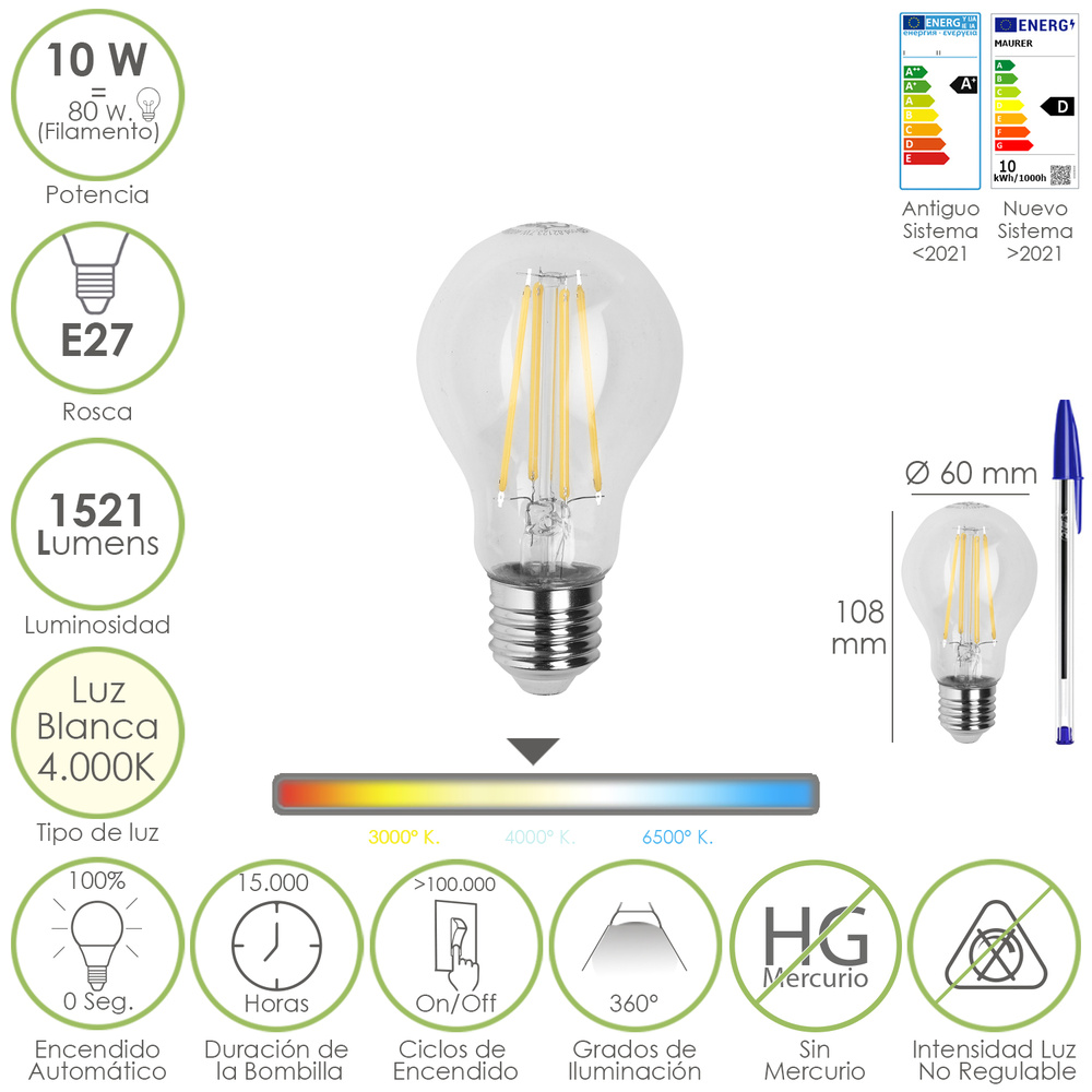 ▷🥇 distribuidor bombilla led filamento standar rosca e27 10 watt