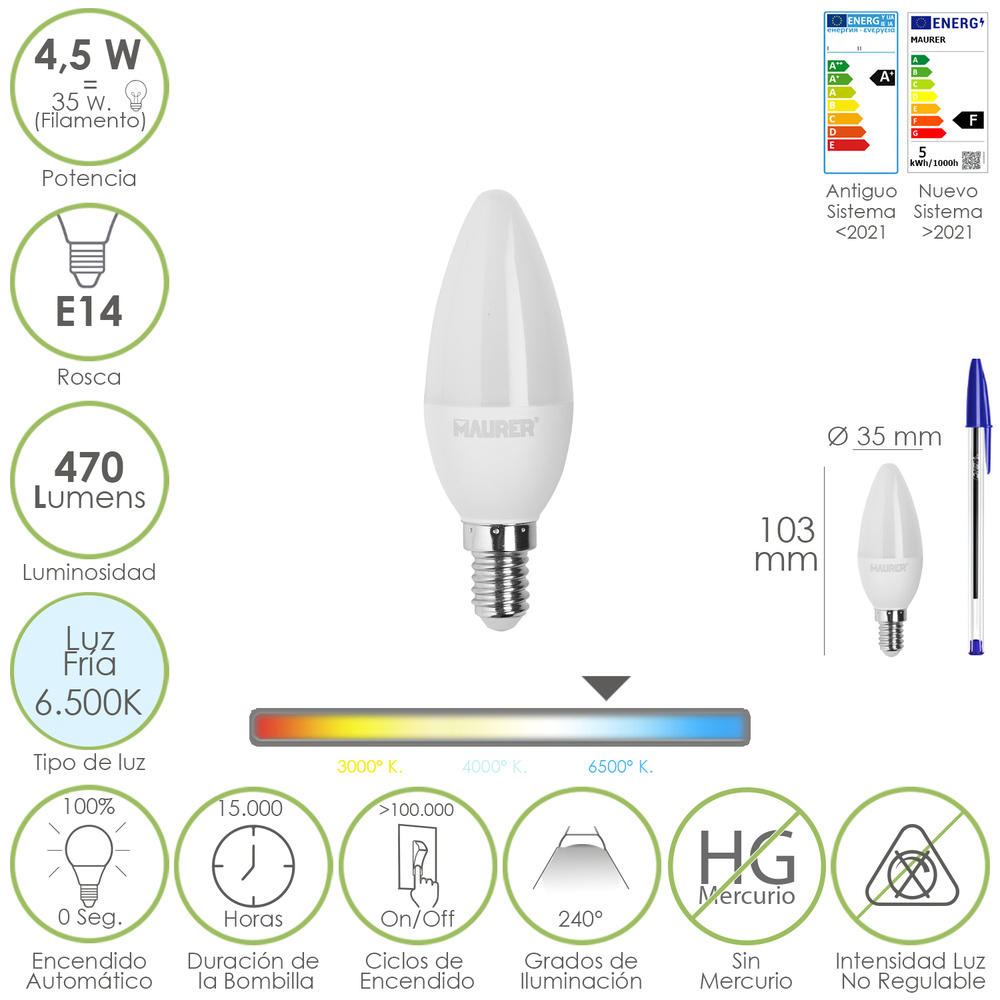 ▷🥇 distribuidor bombilla led vela rosca e14 4,5 watt equivale a 35 watt  470 lumenes luz fria (6500º k)