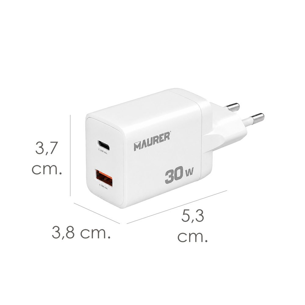 Adaptador De Carga Rápida 33 W. Con Doble Puerto USB A y USB C