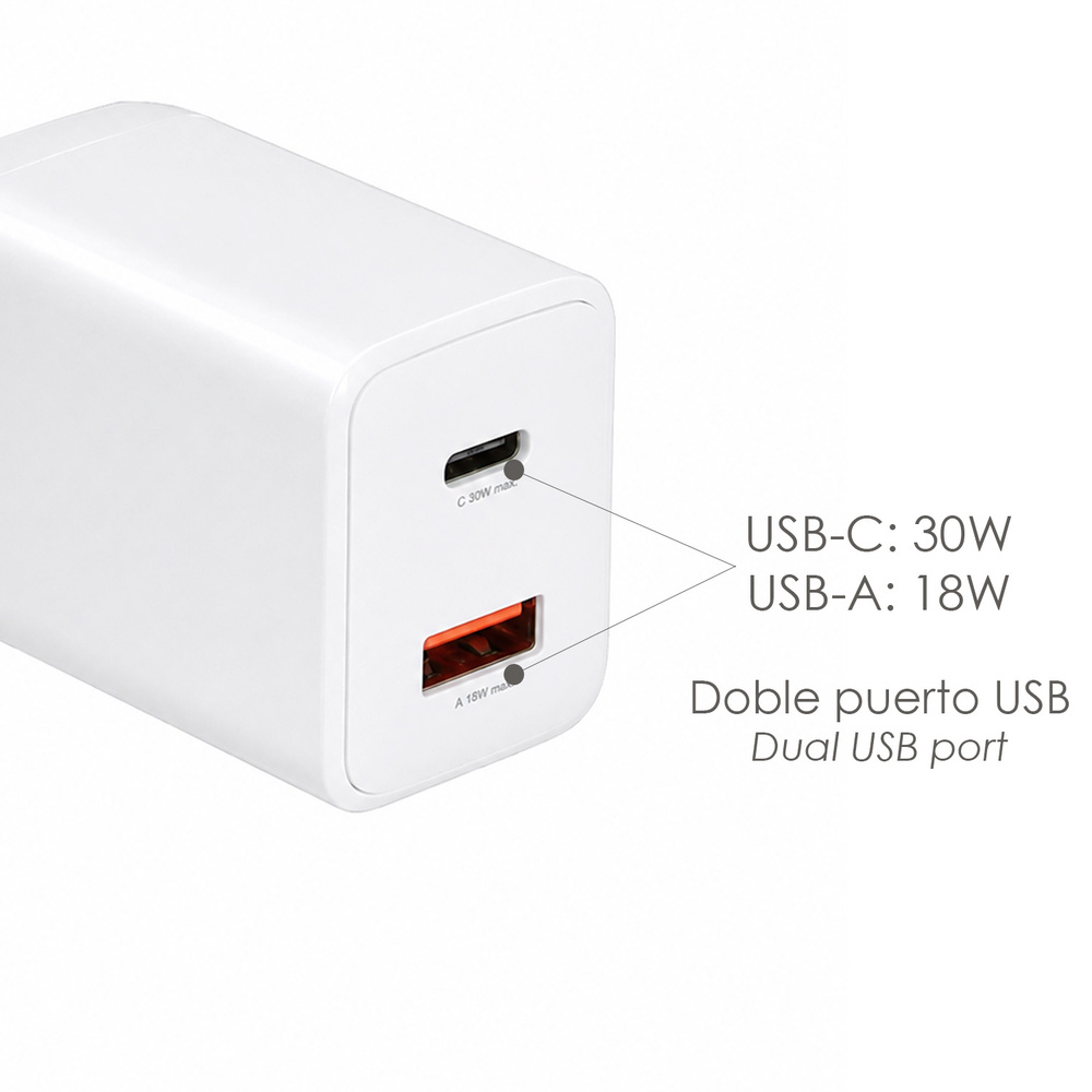 Adaptador De Carga Rápida 33 W. Con Doble Puerto USB A y USB C