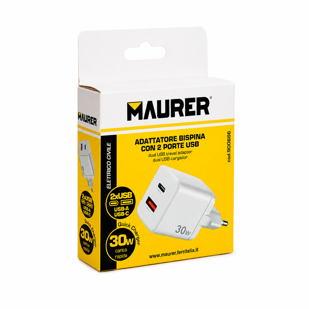 Adaptador De Carga Rápida 33 W. Con Doble Puerto USB A y USB C