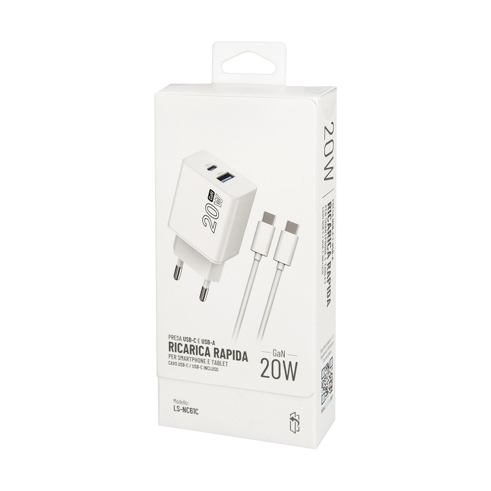 Cargador GaN 20 W. con puertos USB-A y USB-C. incluye cable USB-C a USB-C de 100 cm.
