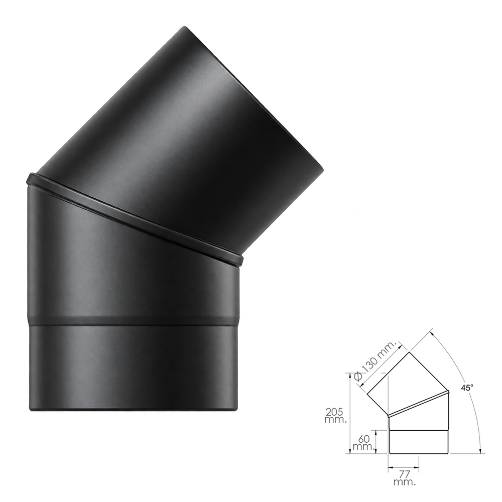 Codo Estufa Liso Vitrificado Negro Premium Ø 130 mm. 45°