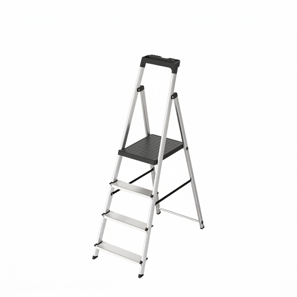 Escalera Aluminio 4 Pedaños Uso Domestico Certificada En 131 Con Bandeja Para Herramientas.