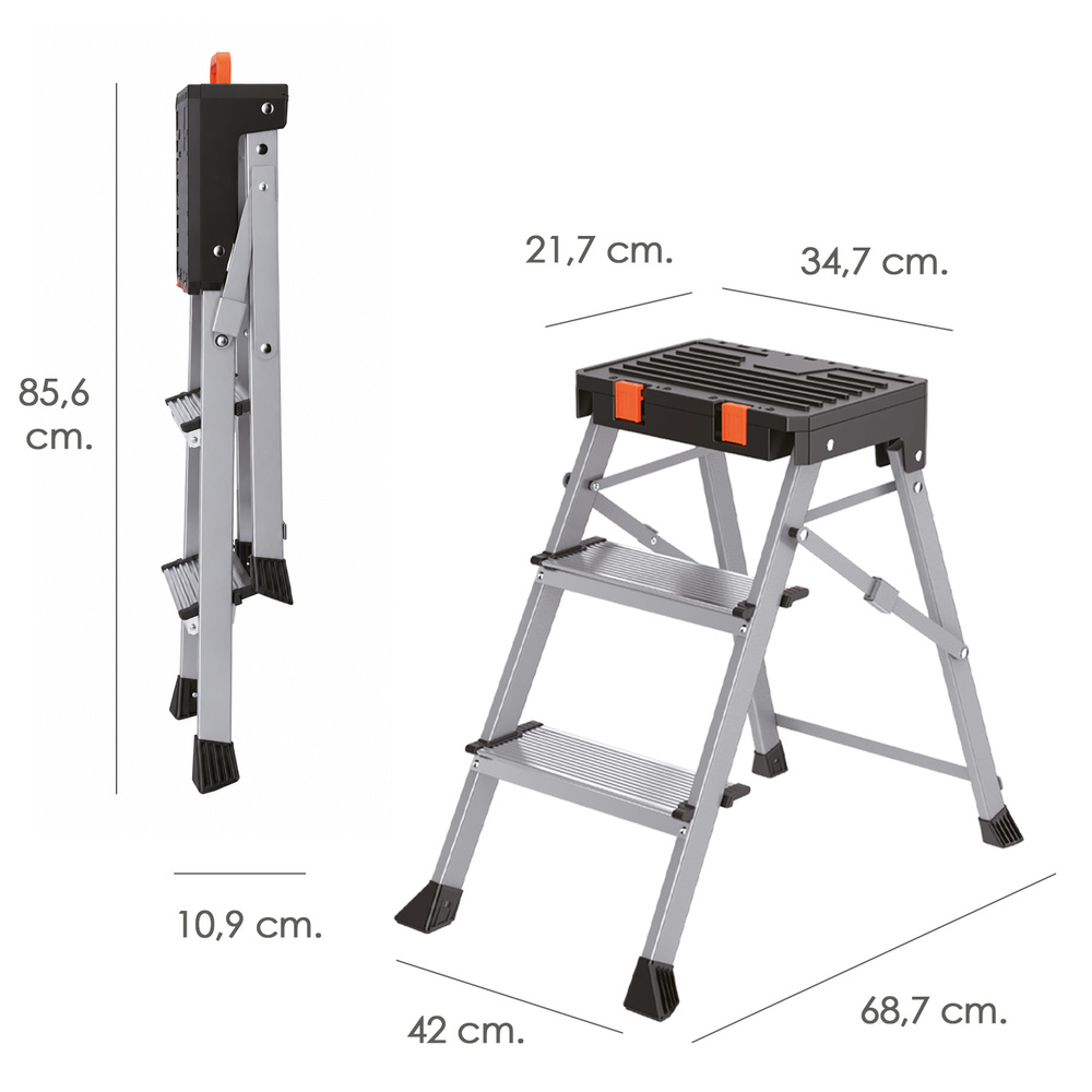 Escalerilla Multifuncional De Aluminio Con 3 Peldaños Con Cajón Portaherramientas.