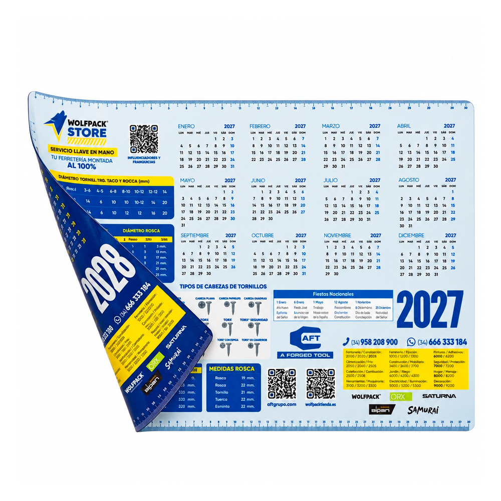 Calendario Plastificado Mostrador Año 2027/2028  Wolfpack Store Tamaño A2