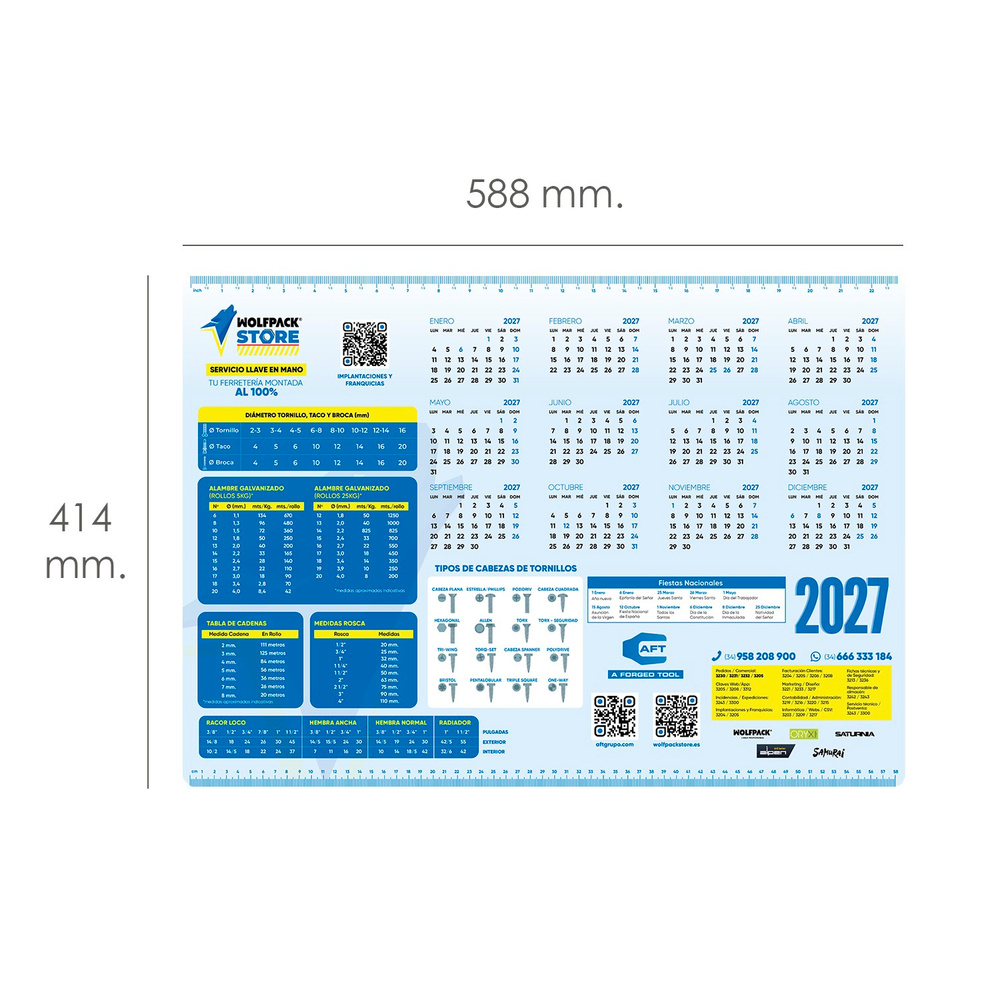 Calendario Plastificado Mostrador Año 2027/2028  Wolfpack Store Tamaño A2